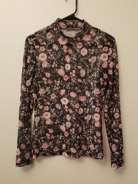 SHEIN Black Floral Mesh Long-Sleeve Tee